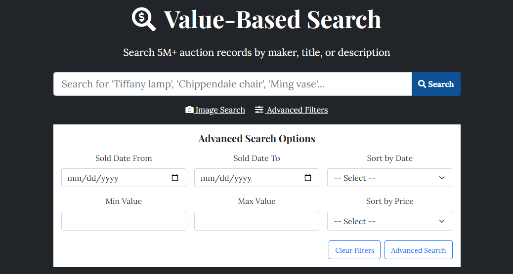 Appraizely auction database search filters